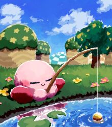 Rule 34 | aruco co, blue sky, blush, blush stickers, closed eyes, closed mouth, cloud, day, fishing, fishing rod, flower, grass, highres, hill, holding, holding fishing rod, kirby, kirby (series), lily pad, nintendo, no humans, on grass, outdoors, pink flower, reflection, reflective water, sitting, sky, smile, solo, tree, water, yellow flower