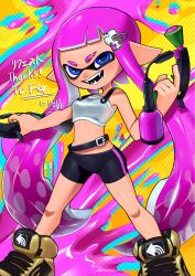 Rule 34 | 1girl, artist name, belt, bike shorts, blue background, blue eyes, commentary request, commission, crop top, dual wielding, eyebrow cut, full body, gun, hair ornament, hairclip, highres, holding, holding gun, holding weapon, inkling, inkling girl, inkling player character, kellymae, long hair, looking at viewer, multicolored background, navel, nintendo, open mouth, pink background, pink hair, pointy ears, shoes, smile, solo, splat dualies (splatoon), splatoon (series), splatoon 3, standing, teeth, tentacle hair, thank you, thick eyebrows, weapon, yellow background