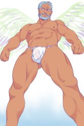 Rule 34 | 1boy, abs, bara, beard, bulge, clothing aside, covered penis, facial hair, feathered wings, feet out of frame, from below, fundoshi, goshingo1, hogen (housamo), horns, japanese clothes, looking at viewer, male focus, mature male, muscular, muscular male, navel, nipples, old, old man, oni horns, pectorals, short hair, single horn, solo, standing, stomach, thick eyebrows, thick thighs, thighs, tokyo houkago summoners, topless male, underwear, underwear only, wings