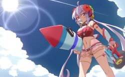 Rule 34 | 10s, 1girl, ahoge, arm strap, bare shoulders, bikini, blue sky, blush, breasts, cleavage, cloud, day, flower, food, gluteal fold, hair flower, hair ornament, inflatable toy, large breasts, lens flare, long hair, looking at viewer, mouth hold, navel, outdoors, popsicle, purple eyes, red bikini, senki zesshou symphogear, silver hair, sky, solo, sun, swimsuit, thigh strap, thighhighs, twintails, uganda (ugandam 00), very long hair, water gun, yukine chris