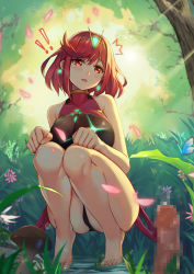 Rule 34 | !, !!, 1girl, absurdres, ass, blush, breasts, bug, butterfly, censored, cleavage, competition swimsuit, forest, grass, hentai kuwa, highres, insect, large breasts, mosaic censoring, mushroom, nature, nintendo, one-piece swimsuit, outdoors, penis, penis awe, pyra (pro swimmer) (xenoblade), pyra (xenoblade), red eyes, red hair, short hair, solo focus, squatting, surprised, swept bangs, swimsuit, thighs, xenoblade chronicles (series), xenoblade chronicles 2