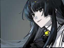 Rule 34 | 1girl, ahoge, arknights, artist name, ascot, black ascot, black eyes, black hair, blunt bangs, bu zhang yezi de kushu, chinese commentary, chinese text, close-up, collared shirt, colored inner hair, commentary request, eyelashes, from side, gradient background, grey background, grey hair, highres, hime cut, long hair, looking afar, looking ahead, mole, mole under eye, multicolored hair, open mouth, pale skin, portrait, shadow, shirt, sidelocks, simple background, smile, solo, two-tone hair, virtuosa (arknights), watermark, weibo logo, weibo watermark, white shirt, wing collar, yellow pupils