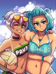 Rule 34 | 2girls, akairiot, aqua hair, ball, bikini, blue eyes, blush, bracelet, breasts, frostbite-chan (akairiot), frostbite (tournament), green eyes, hand on another&#039;s shoulder, highres, jewelry, large breasts, looking at viewer, medium breasts, multiple girls, navel, necklace, one eye closed, outdoors, pan-chan (panda global), panda global, parted lips, short hair, smile, swimsuit, tan, tanline, upper body, volleyball, volleyball (object), white hair