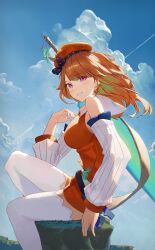 Rule 34 | 1girl, absurdres, bare shoulders, cloud, cloudy sky, day, detached sleeves, hat, highres, hololive, hololive english, light blush, long hair, long sleeves, looking at viewer, md5 mismatch, orange hair, outdoors, pink eyes, resolution mismatch, sitting, sky, smile, solo, source larger, starshell, takanashi kiara, virtual youtuber