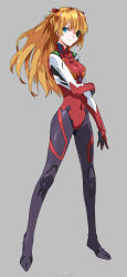 Rule 34 | 10s, 1girl, artist request, bad id, bad pixiv id, blue eyes, bodysuit, curvy, evangelion: 3.0 you can (not) redo, eyepatch, full body, grey background, highres, long hair, neon genesis evangelion, orange hair, plugsuit, rebuild of evangelion, shiny clothes, shiny skin, souryuu asuka langley, two side up, zhuxiao517
