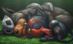 Rule 34 | 10s, 1990s (style), :&lt;, absurdres, cat, closed eyes, closed mouth, colored sclera, creatures (company), cuffs, dappled sunlight, dog, fang, fang out, game freak, gen 2 pokemon, gen 7 pokemon, grass, highres, houndour, hug, litten, looking at another, nintendo, no humans, on ground, one eye closed, pokemon, pokemon (creature), pokemon gsc, pokemon sm, red eyes, retro artstyle, shade, sleeping, sunlight, t@kuyoa, yellow sclera