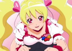 Rule 34 | 1girl, :d, blonde hair, blush, bow, breast press, breasts, bulge, choker, collarbone, cure peach, earrings, erection, erection under clothes, eyelashes, fresh precure!, from above, fuchi (nightmare), hair between eyes, hair ornament, heart, heart earrings, heart hair ornament, jewelry, long hair, looking at viewer, looking up, medium breasts, open mouth, pink background, precure, red bow, red choker, red eyes, shirt, short sleeves, smile, solo, solo focus, sweatdrop, twintails, upper body, very long hair, white shirt