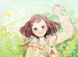 Rule 34 | 1girl, bad id, bad pixiv id, bird, blue eyes, bob cut, bow, brown hair, bug, butterfly, butterfly on hand, collarbone, earrings, felt, flower, hair bow, hair ornament, hairpin, bug, jacket, jewelry, lace, lapel pin, lying, nail polish, necklace, on back, open mouth, original, petals, pin, ring, short hair, solo, star (symbol)