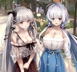 Rule 34 | 2girls, absurdres, alternate costume, azur lane, blue eyes, blush, breasts, cleavage, collarbone, commentary request, floral print, formidable (azur lane), grey hair, hair ribbon, high-waist skirt, highres, illustrious (azur lane), jewelry, large breasts, long hair, looking at viewer, md5 mismatch, multiple girls, off-shoulder shirt, off shoulder, open mouth, pendant, red eyes, resolution mismatch, ribbon, see-through, shirt, skirt, town, twintails, very long hair, wata0933