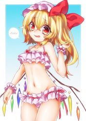 Rule 34 | 1girl, :d, bad id, bad pixiv id, bikini, blonde hair, blush, breasts, flandre scarlet, frilled bikini, frills, gradient background, hat, kyouda suzuka, looking at viewer, mob cap, navel, nervous, nervous smile, open mouth, red eyes, short hair with long locks, small breasts, smile, solo, spoken blush, swimsuit, touhou, underboob, wings, wrist cuffs