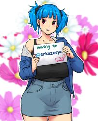 Rule 34 | 1girl, black tank top, blue hair, blue jacket, blurry, blurry background, blush, cowboy shot, english text, erkaz, flower, grey skirt, highres, holding, holding sign, jacket, long sleeves, original, outline, parted lips, purple flower, red eyes, red flower, rina atherina, shadow, short hair, sign, skirt, smile, solo, tank top, white flower, white outline