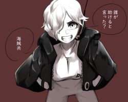 Rule 34 | 1girl, antennae, artist request, black jacket, bodysuit, breasts, cleavage, gloves, greyscale with colored background, grin, hair over one eye, headphones, highres, jacket, japanese text, kanji, large breasts, looking at viewer, midriff, one piece, open clothes, open jacket, short hair, simple background, smile, solo, translation request, vegapunk lilith, white eyes, white hair