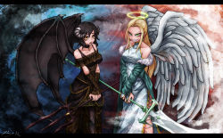 Rule 34 | 2girls, angel, angel and devil, angel wings, bat wings, black dress, demon, dress, earrings, fang, goat eyes, green eyes, grin, halo, highres, horns, jewelry, looking at viewer, multiple girls, necklace, personality switch, polearm, ray-k, smile, trident, weapon, white dress, wings