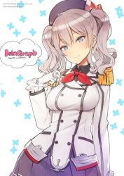 Rule 34 | 10s, 1girl, beret, blue eyes, blush, buttons, collared shirt, double-breasted, epaulettes, gloves, hat, jacket, kantai collection, kashima (kancolle), long hair, looking at viewer, military jacket, ooyari ashito, pleated skirt, ribbon, shirt, silver hair, skirt, smile, solo, twintails, white gloves