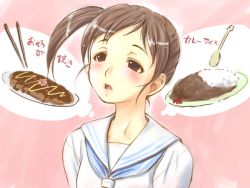 Rule 34 | 1girl, ail soft, blush, brown eyes, brown hair, chopsticks, eyebrows, food, game cg, open mouth, saliva, school uniform, side ponytail, solo, spoon, upper body
