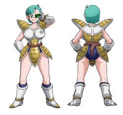 Rule 34 | 1girl, aqua hair, armor, ass, bare legs, blue eyes, blue panties, boots, breasts, bulma, closed mouth, collarbone, cosplay, dragon ball, dragonball z, female focus, full body, gloves, green visor, hand on own hip, hands on own hips, large breasts, legs, looking at viewer, monkey tail, multiple views, naughty face, neck, panties, saiyan, saiyan (cosplay), short hair, simple background, smile, standing, tail, turnaround, underwear, visor, white background, white footwear, white gloves