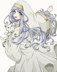 Rule 34 | 1girl, animal, azuki (ckxs7444), beige background, blue hair, blush, cat, habit, highres, holding, holding animal, index (toaru majutsu no index), long hair, looking at viewer, looking back, nun, open mouth, robe, simple background, solo, sphinx (toaru majutsu no index), toaru majutsu no index, white headwear, white robe, wide sleeves