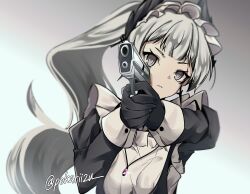 Rule 34 | 1girl, absurdres, arknights, black dress, black gloves, blue background, dress, gloves, gradient background, grey background, grey eyes, grey hair, gun, handgun, highres, holding, holding gun, holding weapon, irene (arknights), irene (voyage of feathers) (arknights), juliet sleeves, long hair, long sleeves, parted lips, pokarii zuu, ponytail, puffy sleeves, short eyebrows, solo, thick eyebrows, twitter username, very long hair, weapon, weapon request