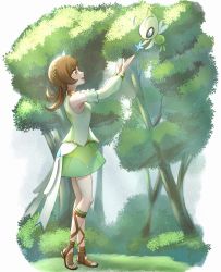 Rule 34 | 1girl, arms up, bare shoulders, blue flower, brown eyes, brown footwear, brown hair, bush, celebi, commentary request, creatures (company), detached sleeves, flower, from side, full body, game freak, gen 2 pokemon, gladiator sandals, grass, green skirt, highres, knees, legendary pokemon, long hair, looking up, lyra (pokemon), lyra (sygna suit) (pokemon), mintz912, mythical pokemon, nintendo, official alternate costume, open mouth, outdoors, pokemon, pokemon (creature), pokemon masters ex, sandals, shirt, skirt, smile, standing, tree, twintails
