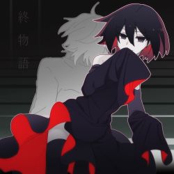 Rule 34 | 1boy, 1girl, araragi koyomi, back-to-back, bare shoulders, black dress, black eyes, black hair, black thighhighs, bob cut, clothes lift, colored inner hair, commentary, copyright name, covering own mouth, cowboy shot, dress, dress lift, empty eyes, gakuran, gradient eyes, hair between eyes, hand to own mouth, highres, jacket, leaning forward, long sleeves, looking to the side, messy hair, monogatari (series), multicolored eyes, multicolored hair, oshino ougi, owarimonogatari, red hair, school uniform, short hair, sleeves past wrists, smile, thighhighs, thighs, two-sided fabric, two-tone hair, wind, xxsxx