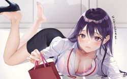 Rule 34 | 1girl, bandages, blush, box, bra, breasts, business suit, ear piercing, feet, formal, gift, gift box, hair between eyes, high heels, highres, large breasts, long hair, looking at viewer, miniskirt, mugika, office lady, original, pencil skirt, piercing, purple eyes, purple hair, shirt, skirt, skirt suit, solo, suit, tears, thighhighs, tight skirt, underwear, white shirt