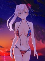 Rule 34 | 1girl, american flag bikini, american flag print, asymmetrical hair, bikini, blue eyes, blush, breasts, bun cover, collarbone, commentary request, fate/grand order, fate (series), flag print, grey hair, hair bun, large breasts, long hair, looking at viewer, mikan (chipstar182), miyamoto musashi (fate), miyamoto musashi (fate/grand order), miyamoto musashi (swimsuit berserker) (fate), miyamoto musashi (swimsuit berserker) (second ascension) (fate), navel, night, open bikini, open clothes, outdoors, parted lips, print bikini, ribbon, single hair bun, single hair intake, smile, solo, swept bangs, swimsuit, untied bikini