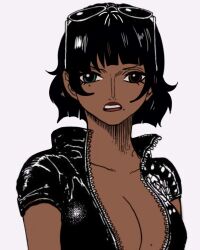 Rule 34 | 1girl, alternate skin color, black eyes, black hair, breasts, comic panel redraw, dark-skinned female, dark skin, derivative work, expressionless, female focus, glasses on head, heterochromia, large breasts, lips, looking at viewer, mole, mole on breast, mole under eye, mole under mouth, nico robin, nose, nostrils, one piece, parted lips, portrait, short hair, short sleeves, simple background, solo, solo focus, sunglasses, third-party edit, white background