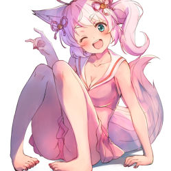 Rule 34 | 1girl, ;d, bikini, blush, breasts, cameltoe, cleavage, collarbone, fox shadow puppet, green eyes, hand up, head tilt, highres, howan (show by rock!!), knees together feet apart, knees up, medium breasts, nail polish, nyama, one eye closed, open mouth, pigeon-toed, pink bikini, pink hair, red nails, sailor bikini, sailor collar, shadow, short eyebrows, show by rock!!, side ponytail, sitting, smile, solo, sparkle, swimsuit, teeth, thick eyebrows, toenail polish, toenails, upper teeth only, white background, white sailor collar