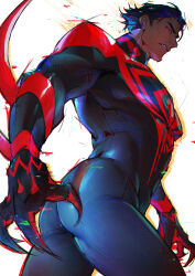 Rule 34 | 1boy, animal print, arm blade, ass, bara, blue bodysuit, bodysuit, broad shoulders, claws, dark-skinned male, dark skin, fangs, hair slicked back, highres, large pectorals, luckytea 777, male focus, marvel, mature male, miguel o&#039;hara, muscular, muscular male, pectorals, print bodysuit, red eyes, short hair, skin tight, spider-man: across the spider-verse, spider-man (2099), spider-man (series), spider-verse, spider print, thick eyebrows, thick thighs, thighs, two-tone bodysuit, weapon