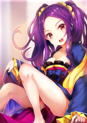 Rule 34 | 1girl, assassin of the nocturnal castle, bare legs, barefoot, breasts, cleavage, fate/grand order, fate (series), hair ornament, hair scrunchie, japanese clothes, kimono, long hair, long sleeves, looking at viewer, medium breasts, obi, purple hair, red eyes, sash, scrunchie, sitting, smile, solo, teeth, twintails, umagenzin, upper teeth only, very long hair, wide sleeves, wu zetian (fate), wu zetian (first ascension) (fate)