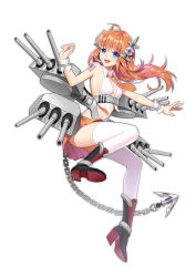 Rule 34 | 1girl, :d, ahoge, american flag, anchor, aquarius (artist), bare shoulders, blue eyes, breasts, cannon, chain, full body, headgear, high heels, highres, looking at viewer, machinery, medium breasts, miniskirt, necktie, open mouth, orange hair, orange necktie, orange shirt, original, pleated skirt, revealing clothes, shirt, simple background, skirt, smile, solo, tachi-e, thighhighs, underbust, upskirt, vest, white background, white thighhighs, white vest, wristband