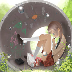 Rule 34 | 1girl, blue eyes, blurry, brown hair, can, depth of field, drink can, fetal position, highres, instrument, keyboard (instrument), kneehighs, loafers, long hair, melodica, original, profile, rain, school uniform, shoes, sitting, skirt, socks, soda can, solo, sun symbol, throtem, white socks