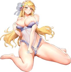 Rule 34 | 1girl, adjusting bra, adjusting clothes, areola slip, armband, barefoot, blonde hair, blush, bra, breasts, collarbone, covering crotch, covering privates, crotch cutout, dress, dress tug, frilled armband, frilled panties, frills, full body, game cg, gem, gluteal fold, green eyes, green gemstone, hair ribbon, heart, highres, indomitable marie, kakiman, large breasts, last origin, linea alba, lingerie, long hair, looking at viewer, micro panties, official alternate costume, official art, panties, partially visible vulva, purple armband, purple bra, ribbon, see-through, sitting, solo, tachi-e, thick thighs, thighs, thong, transparent background, transparent ribbon, underwear, underwear only, very long hair, wariza, white ribbon