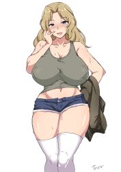 Rule 34 | 1girl, absurdres, alternate breast size, artist name, blonde hair, blue eyes, blue shorts, blush, breasts, brown jacket, cleavage, commentary, curvy, cutoffs, denim, denim shorts, girls und panzer, grey shirt, hair intakes, half-closed eyes, hand on own face, highres, holding, holding clothes, holding jacket, huge breasts, jacket, unworn jacket, kay (girls und panzer), long hair, micro shorts, midriff, narrow waist, navel, open mouth, saunders military uniform, shirt, short shorts, shorts, signature, simple background, skindentation, smile, solo, sweat, sweatdrop, tank top, tavor (m tavor), thick thighs, thighhighs, thighs, white background, white thighhighs, wide hips
