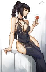 Rule 34 | 1girl, alcohol, alternate costume, arm support, baldur&#039;s gate, baldur&#039;s gate 3, black hair, braid, breasts, cup, drinking glass, dungeons &amp; dragons, elf, gelldraws, green eyes, highres, holding, holding cup, large breasts, long hair, looking at viewer, multi-tied hair, pointy ears, scar, scar on face, shadowheart (baldur&#039;s gate), sitting, smile, solo, wine, wine glass