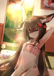 Rule 34 | 1girl, absurdres, animal ear fluff, animal ears, arm behind head, armpits, arms up, azur lane, bare arms, bare shoulders, black hair, blurry, blurry background, blush, bow, bra, brown eyes, closed mouth, commentary request, covered navel, depth of field, fox ears, hair bow, head tilt, highres, indoors, long hair, looking at viewer, manjuu (azur lane), nagato-chan, nagato (azur lane), nagato (great fox&#039;s respite) (azur lane), navel, panties, red bow, red bra, red panties, see-through, side-tie panties, solo, stretching, underwear, underwear only, very long hair, wavy mouth
