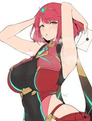 Rule 34 | 1girl, absurdres, armpits, arms behind back, breasts, chest jewel, earrings, envelope, headpiece, highres, jewelry, large breasts, letter, nintendo, puzenketsu, pyra (xenoblade), red eyes, red hair, red shorts, short hair, short shorts, shorts, super smash bros., swept bangs, tiara, xenoblade chronicles (series), xenoblade chronicles 2