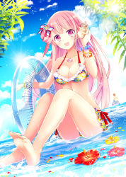 Rule 34 | 1boy, 1girl, :d, absurdres, beach, bikini, blue sky, bracelet, breasts, cleavage, cloud, collarbone, day, feet, floating hair, flower, goma (11zihisin), hibiscus, highres, holding, innertube, jewelry, long hair, medium breasts, multicolored nails, nail polish, necklace, open mouth, original, outdoors, pink eyes, pink flower, pink hair, red flower, red ribbon, ribbon, sitting, sky, smile, solo focus, sparkle, sun, sunlight, swim ring, swimsuit, toenail polish, toenails, very long hair, yellow flower