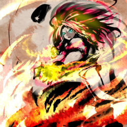 Rule 34 | 1girl, aqua eyes, aura, braid, ex-meiling, faux traditional media, female focus, fighting stance, fire, flaming hand, glowing, glowing eyes, hat, hong meiling, long hair, open mouth, pyrokinesis, red hair, solo, soubi, star (symbol), touhou, traditional media, twin braids