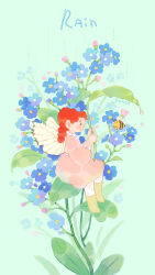 Rule 34 | 1girl, absurdres, aqua background, bee, black eyes, blue flower, blush stickers, boots, braid, bud, bug, butterfly wings, buttons, closed eyes, collar, collared dress, commentary, dew drop, dress, english text, flower, flower request, forget-me-not (flower), frilled collar, frills, from side, full body, highres, holding, holding leaf, insect, insect wings, knee boots, leaf, long sleeves, looking at animal, medium dress, mini person, minigirl, orange hair, original, pink dress, puffy long sleeves, puffy sleeves, rain, rubber boots, sash, single braid, sitting, solo, sylviaan, symbol-only commentary, water drop, white collar, white sash, white wings, wings, yellow footwear