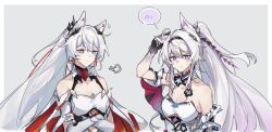 Rule 34 | 2girls, animal ear fluff, animal ears, arm up, bare shoulders, blue eyes, breasts, character request, cleavage, commentary, crossed arms, dress, grey background, hair between eyes, highres, honkai (series), honkai impact 3rd, kiana kaslana, long hair, medium breasts, multiple girls, ponytail, shiying no yao, simple background, spoken blush, upper body, very long hair, white dress, white hair