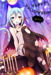Rule 34 | 1girl, animal ears, aoi yun, bat (animal), bell, bikini, black bikini, black cape, black thighhighs, blue eyes, blue hair, blush, brown eyes, candle, candlestand, candy, cape, cat ears, cat girl, cat tail, choker, commentary request, crossed legs, dutch angle, english text, feet, food, food in mouth, full moon, hair between eyes, halloween, happy halloween, heterochromia, jack-o&#039;-lantern, jingle bell, lollipop, looking at viewer, micro bikini, moon, mouth hold, neck bell, no shoes, original, print thighhighs, purple neckwear, side-tie bikini bottom, sitting, soles, solo, spider web print, swimsuit, tail, thigh strap, thighhighs, torn cape, torn clothes, torn thighhighs