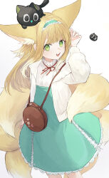 Rule 34 | 1girl, 99noe honoka, :d, absurdres, animal, animal ear fluff, animal ears, animal on head, arknights, arm up, bag, black cat, blonde hair, blue hairband, blue skirt, cat, commentary request, crossover, fox ears, fox girl, fox tail, frilled hairband, frills, gradient background, green eyes, grey background, hairband, heixiu, high-waist skirt, highres, jacket, long hair, looking at viewer, luo xiaohei, luo xiaohei zhanji, multicolored hair, neck ribbon, on head, open clothes, open jacket, open mouth, red ribbon, ribbon, shirt, shoulder bag, skirt, smile, standing, suzuran (arknights), suzuran (spring praise) (arknights), tail, teeth, two-tone hair, upper teeth only, very long hair, white background, white hair, white jacket, white shirt