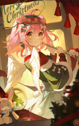 Rule 34 | 1girl, ahoge, angel wings, animal ears, arknights, blue skirt, bow, cat ears, cat girl, christmas tree, closed mouth, commentary request, cowboy shot, curtains, facial hair, fake wings, floppy ears, flower, from side, goldenglow (arknights), goldenglow (maiden for the bright night) (arknights), green hairband, green sweater, hair ornament, hairband, hands up, hat, highres, holding, holding instrument, infection monitor (arknights), instrument, long sleeves, looking at viewer, medium hair, merry christmas, multicolored hairband, mustache, official alternate costume, orange eyes, pink hair, pom pom (clothes), red bow, red hairband, red sweater, santa hat, skirt, smile, snow globe, solo, stuffed animal, stuffed rabbit, stuffed toy, sweater, trumpet, white bow, white flower, wings, x hair ornament, yuanshan yao