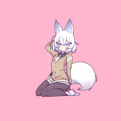 Rule 34 | 1girl, animal ears, cross (vgne4542), fox ears, fox tail, highres, phase connect, short hair, simple background, sitting, solo, tail, tenma maemi, white hair