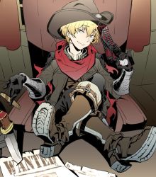 Rule 34 | 1boy, billy the kid (fate), black gloves, blonde hair, boots, cigar, cowboy boots, cowboy hat, fate/grand order, fate (series), feet on table, futaba (futaba uc), gloves, gun, handgun, hat, high heel boots, high heels, knife, crossed legs, male focus, revolver, scarf, sitting, smile, solo, wanted, weapon