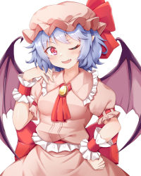 Rule 34 | 1girl, ascot, bat wings, blue hair, blush, fang, hand on own hip, hat, looking at viewer, mob cap, one eye closed, open mouth, red ascot, remilia scarlet, rururiaru, short hair, simple background, skin fang, smile, solo, touhou, white background, wings, wrist cuffs