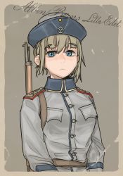 Rule 34 | 1girl, blue eyes, breast pocket, brown hair, closed mouth, collared jacket, expressionless, gun, gun on back, highres, jacket, long sleeves, looking at viewer, military, original, pocket, pzkpfwi, short hair, solo, upper body, weapon, weapon on back