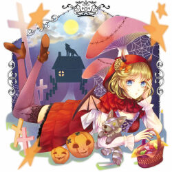 1girl arm_rest blonde_hair blue_eyes breasts candy cross demon_horns demon_wings dress food full_moon horns house iron_cross kirimu_rate lace lace-trimmed_dress lace-trimmed_legwear lace_trim little_red_riding_hood looking_at_viewer lying medium_breasts moon mushroom on_stomach original picnic_basket pumpkin red_nails red_skirt short_hair silhouette silk skirt solo spider_web star_(symbol) stuffed_animal stuffed_toy stuffed_wolf wings wolf