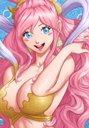 Rule 34 | 1girl, adjusting hair, bikini, blue eyes, blush, breasts, cleavage, earrings, highres, jewelry, large breasts, looking at viewer, one piece, open mouth, pink hair, shirahoshi, smile, solo, swimsuit